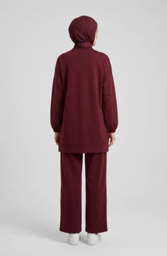 Oysho Kumaş Taşlı Fermuarlı Tunik Pantolon ikili Takım 0282-02 Bordo
