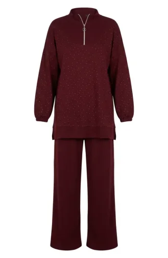 Oysho Kumaş Taşlı Fermuarlı Tunik Pantolon ikili Takım 0282-02 Bordo