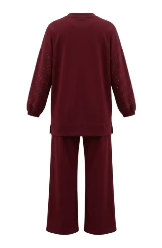 Oysho Kumaş Taşlı Fermuarlı Tunik Pantolon ikili Takım 0282-02 Bordo