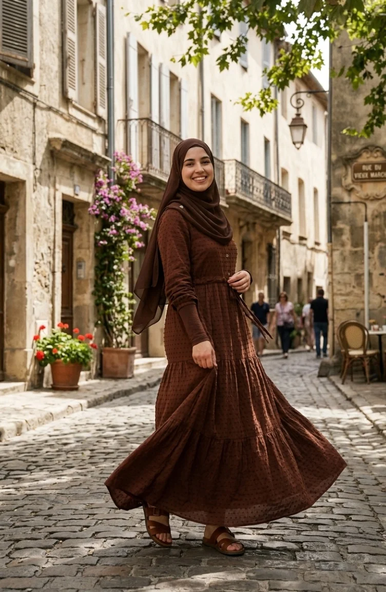 Halb Geknöpftes Mehrlagiges Kleid Mit Bindegürtel 2273-01 Braun 2273-01