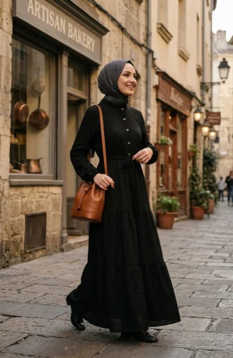 Halb Geknöpftes Mehrlagiges Kleid Mit Bindegürtel 2273-03 Schwarz 2273-03