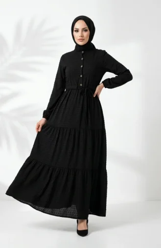 Halb Geknöpftes Mehrlagiges Kleid Mit Bindegürtel 2273-03 Schwarz 2273-03
