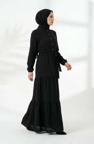 Halb Geknöpftes Mehrlagiges Kleid Mit Bindegürtel 2273-03 Schwarz 2273-03