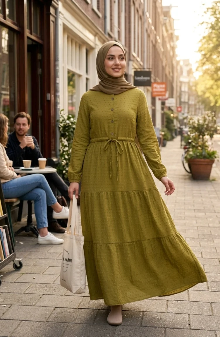 Halb Geknöpftes Mehrlagiges Kleid Mit Bindegürtel Modell 2273-04 Olivgrün 2273-04