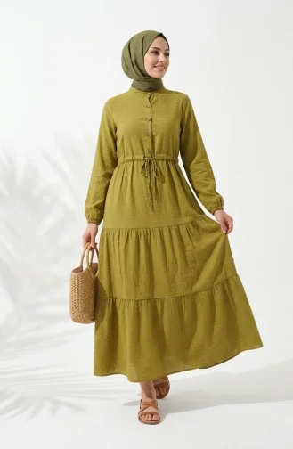 Halb Geknöpftes Mehrlagiges Kleid Mit Bindegürtel Modell 2273-04 Olivgrün 2273-04
