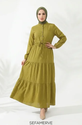 Halb Geknöpftes Mehrlagiges Kleid Mit Bindegürtel Modell 2273-04 Olivgrün 2273-04
