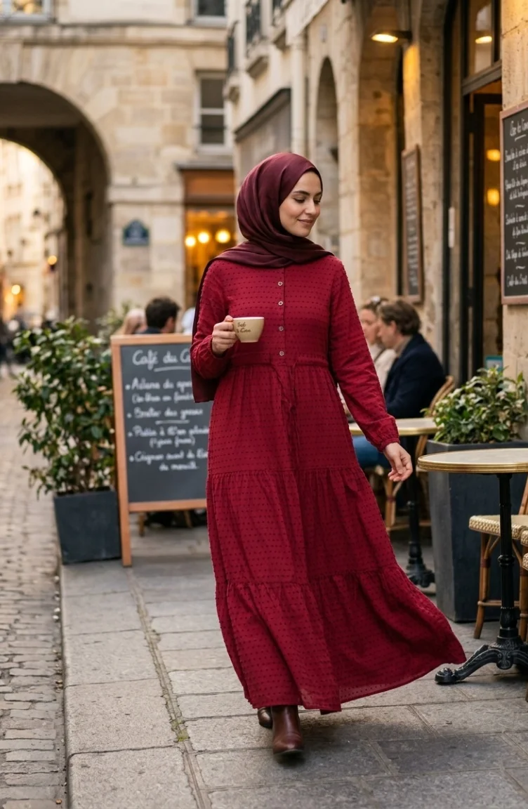 Half-Buttoned Tie-Waist Layered Dress 2273-06 Plum 2273-06