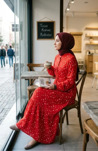 Robe à Pois à Volants Avec Ceinture à La Taille 0283-01 Rouge 0283-01