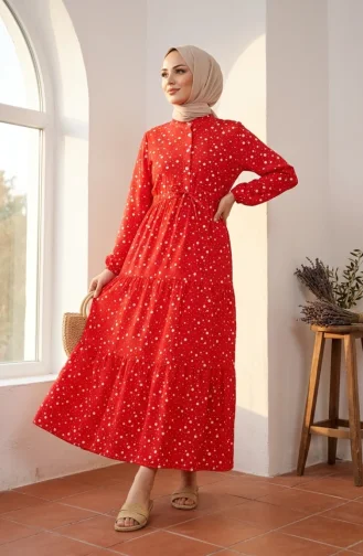 Robe à Pois à Volants Avec Ceinture à La Taille 0283-01 Rouge 0283-01