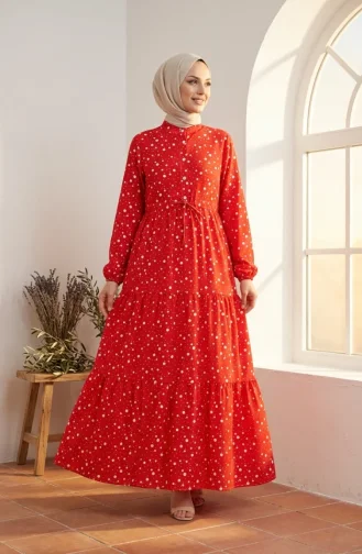 Robe à Pois à Volants Avec Ceinture à La Taille 0283-01 Rouge 0283-01