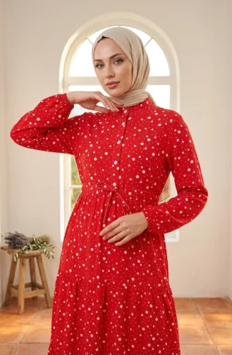 Robe à Pois à Volants Avec Ceinture à La Taille 0283-01 Rouge 0283-01