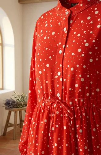 Robe à Pois à Volants Avec Ceinture à La Taille 0283-01 Rouge 0283-01