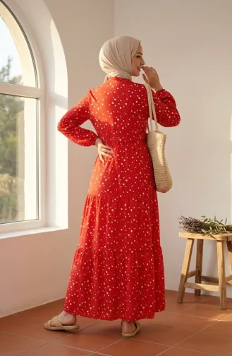 Robe à Pois à Volants Avec Ceinture à La Taille 0283-01 Rouge 0283-01