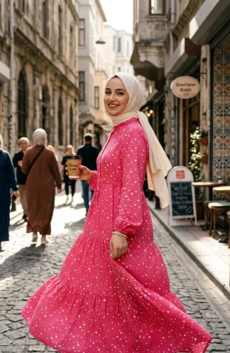 Beli Bağcıklı Puantiyeli Kat Kat Elbise 0283-02 Pembe
