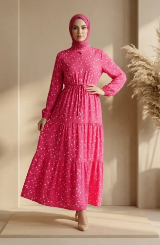 Beli Bağcıklı Puantiyeli Kat Kat Elbise 0283-02 Pembe
