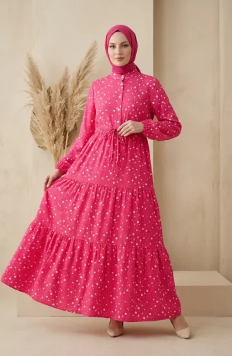 Beli Bağcıklı Puantiyeli Kat Kat Elbise 0283-02 Pembe