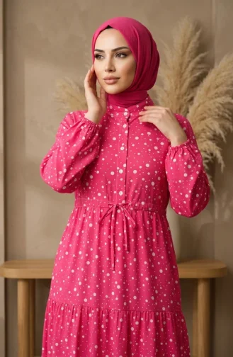 Beli Bağcıklı Puantiyeli Kat Kat Elbise 0283-02 Pembe