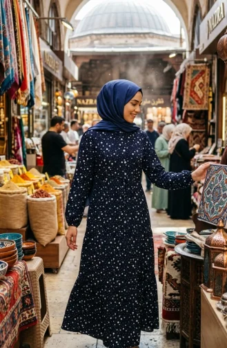 Beli Bağcıklı Puantiyeli Kat Kat Elbise 0283-04 Lacivert