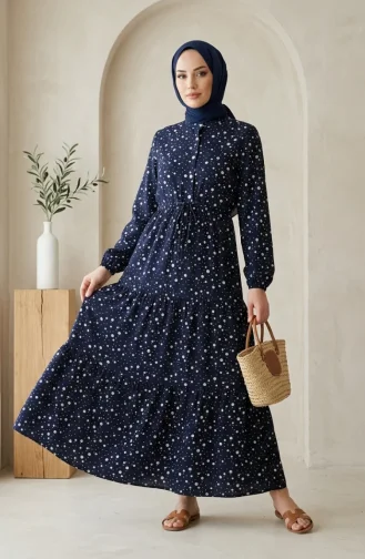Beli Bağcıklı Puantiyeli Kat Kat Elbise 0283-04 Lacivert