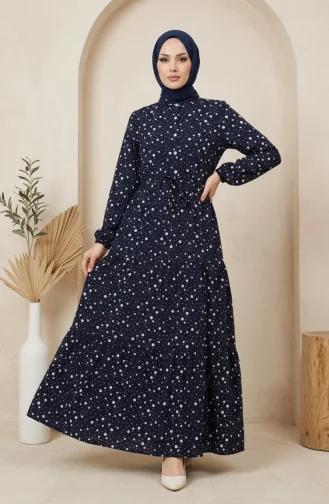 Beli Bağcıklı Puantiyeli Kat Kat Elbise 0283-04 Lacivert