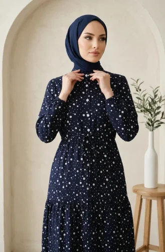 Beli Bağcıklı Puantiyeli Kat Kat Elbise 0283-04 Lacivert