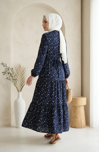 Beli Bağcıklı Puantiyeli Kat Kat Elbise 0283-04 Lacivert