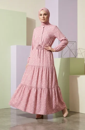 Beli Bağcıklı Puantiyeli Kat Kat Elbise 0283-05 Pudra