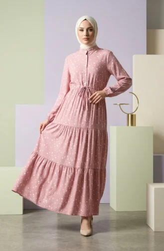 Beli Bağcıklı Puantiyeli Kat Kat Elbise 0283-05 Pudra