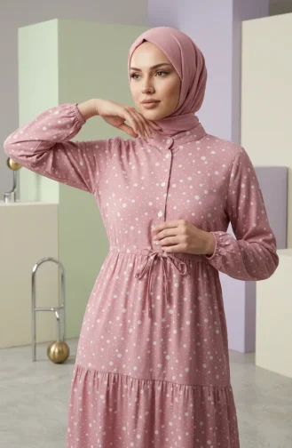 Beli Bağcıklı Puantiyeli Kat Kat Elbise 0283-05 Pudra