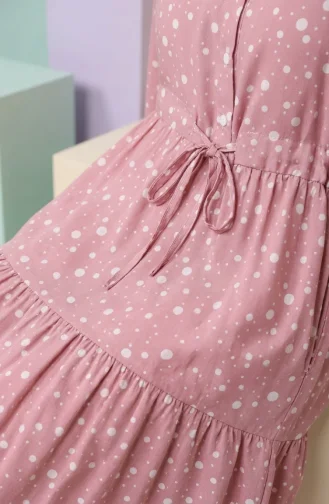 Beli Bağcıklı Puantiyeli Kat Kat Elbise 0283-05 Pudra