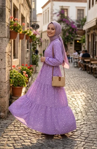 Beli Bağcıklı Puantiyeli Kat Kat Elbise 0283-06 Lila