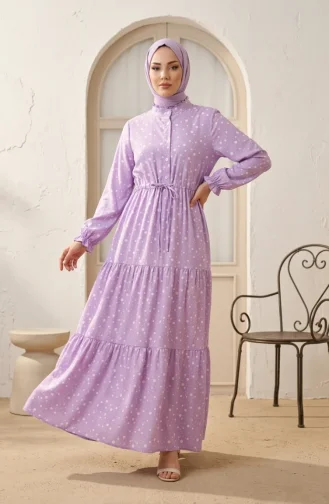 Beli Bağcıklı Puantiyeli Kat Kat Elbise 0283-06 Lila