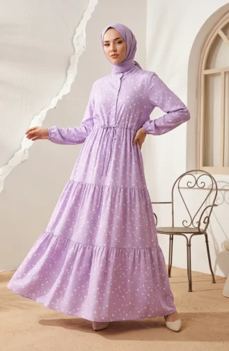 Beli Bağcıklı Puantiyeli Kat Kat Elbise 0283-06 Lila