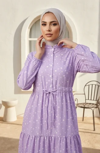 Beli Bağcıklı Puantiyeli Kat Kat Elbise 0283-06 Lila