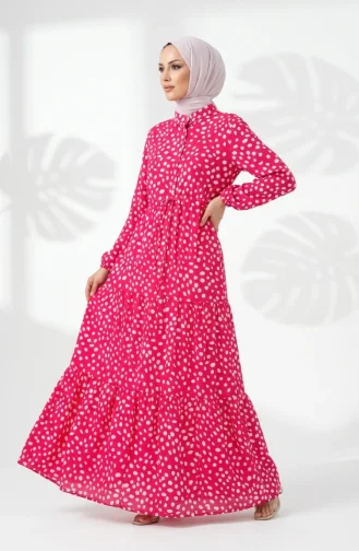 Beli Bağcıklı Puantiyeli Kat Kat Elbise 0284-01 Pembe