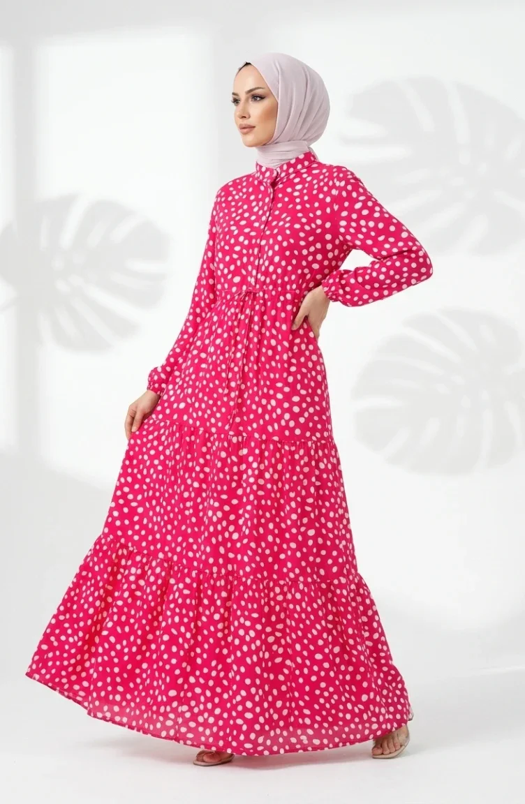 Beli Bağcıklı Puantiyeli Kat Kat Elbise 0284-01 Pembe