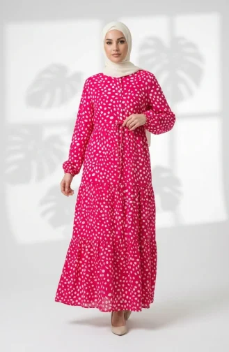 Beli Bağcıklı Puantiyeli Kat Kat Elbise 0284-01 Pembe