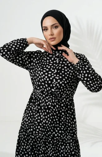Beli Bağcıklı Puantiyeli Kat Kat Elbise 0284-02 Siyah