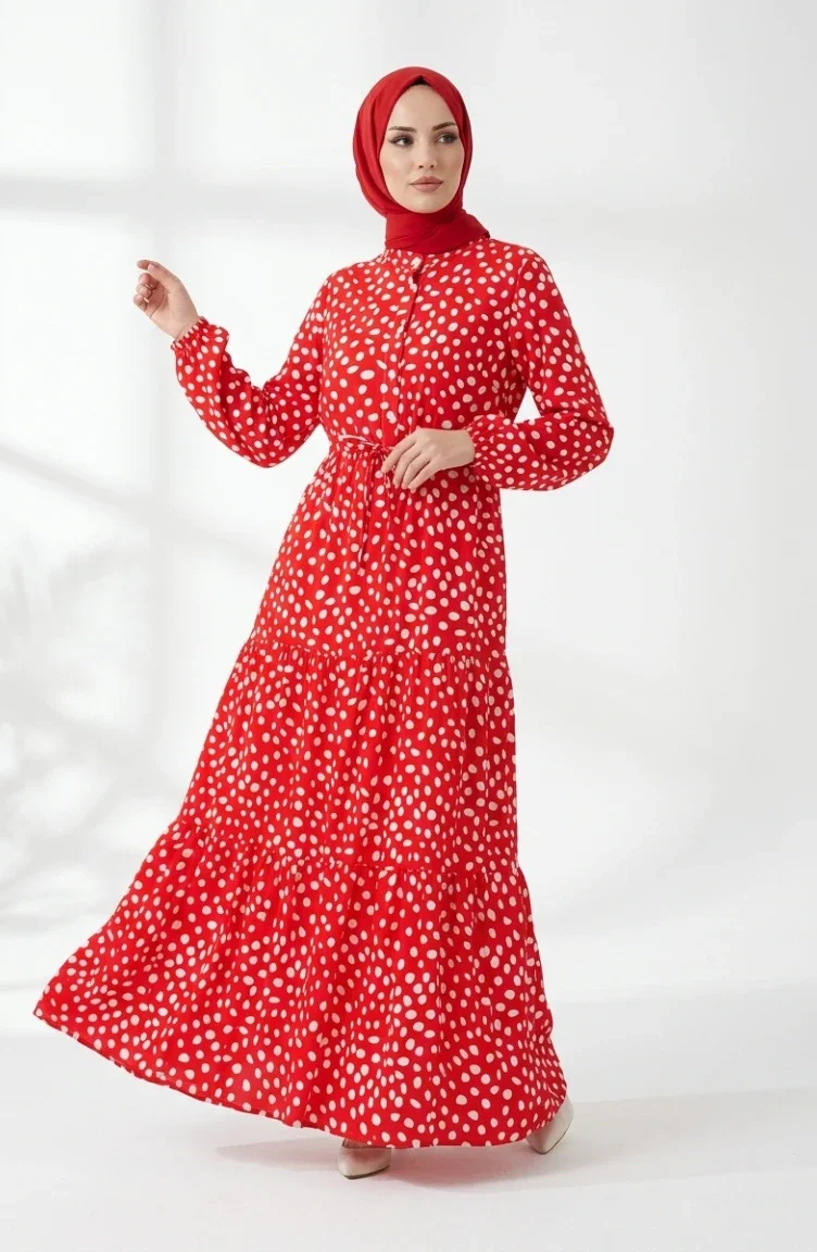 Robe à Pois à Volants Avec Ceinture à La Taille 0284-03 Rouge 0284-03