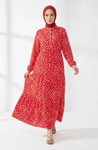 Robe à Pois à Volants Avec Ceinture à La Taille 0284-03 Rouge 0284-03
