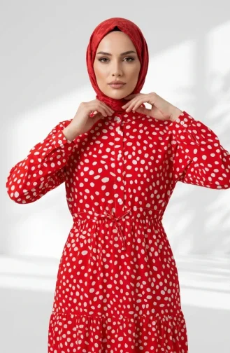 Robe à Pois à Volants Avec Ceinture à La Taille 0284-03 Rouge 0284-03