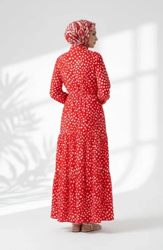 Robe à Pois à Volants Avec Ceinture à La Taille 0284-03 Rouge 0284-03