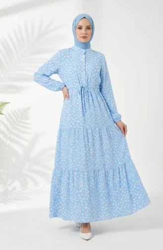 Beli Bağcıklı Puantiyeli Kat Kat Elbise 0284-04 Mavi