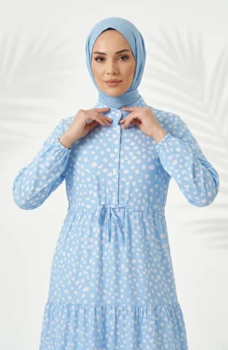 Beli Bağcıklı Puantiyeli Kat Kat Elbise 0284-04 Mavi