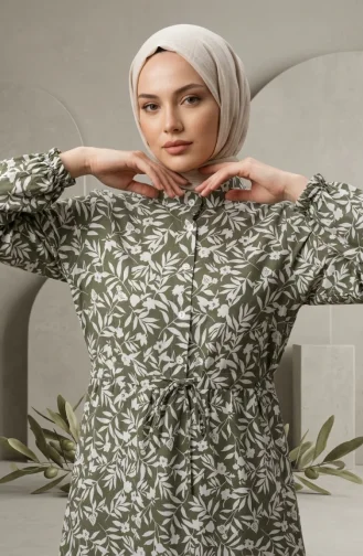Kleid Mit Blumenmuster Und Gürtel 0285-01 Khaki 0285-01