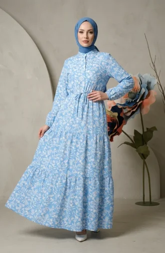 Kleid Mit Blumenmuster Und Gürtel 0285-02 Indigo 0285-02