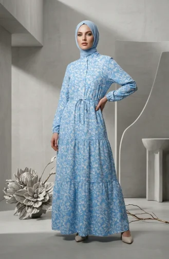 Kleid Mit Blumenmuster Und Gürtel 0285-02 Indigo 0285-02