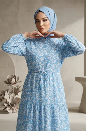 Kleid Mit Blumenmuster Und Gürtel 0285-02 Indigo 0285-02
