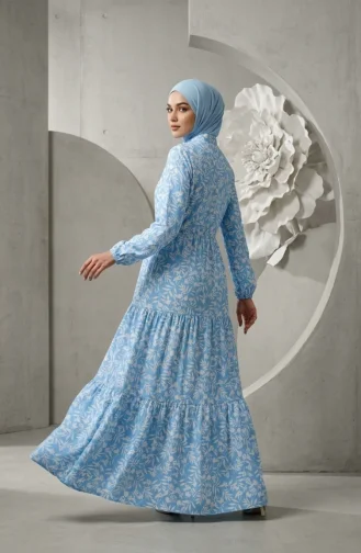Kleid Mit Blumenmuster Und Gürtel 0285-02 Indigo 0285-02