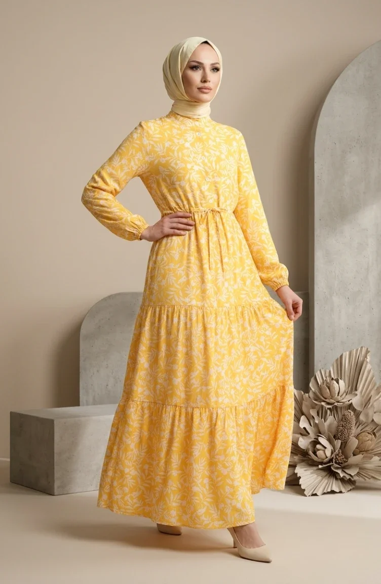 Geblümtes Gemustertes Kleid Mit Gürtel 0285-03 Gelb 0285-03